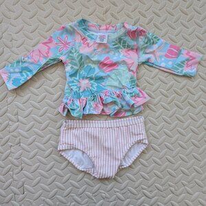 RuffleButts 2-Piece Floral Rash Guard Long Sleeve Ruffle Hem Bikini Baby 3-6M